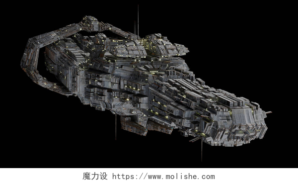 黑色背景前的太空战舰3D图巨大的太空战舰在黑色背景，前视图